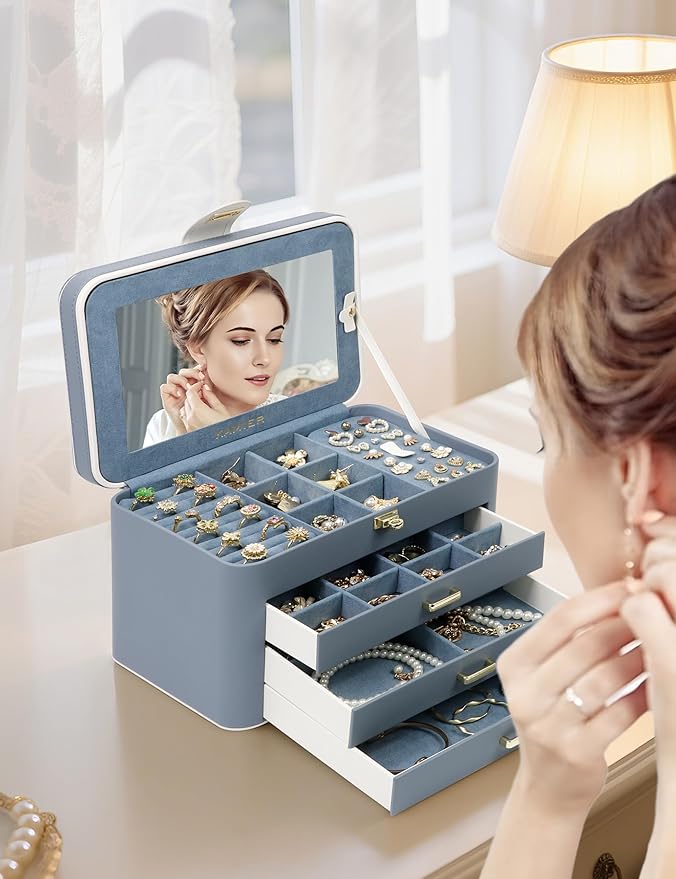 KAMIER Jewelry Boxes for Women, 4 Layer Jewelry Organizer with Mirror, 3 Drawers, Large Jewelry Box for Bracelets, Earrings, Rings, Necklaces, Mothers Day Gifts for Loved One, Bluish Grey