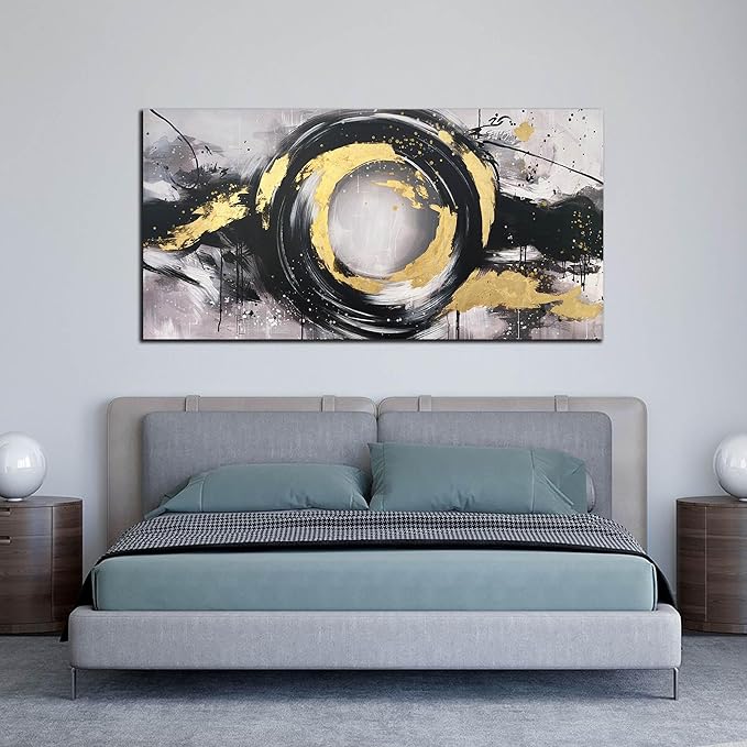 Black White and Gold Wall Art for Living Room Large Size - Hand Painted Wall Art for Bedroom - Abstract Painting Wall Decor Office Size 29" x 59"