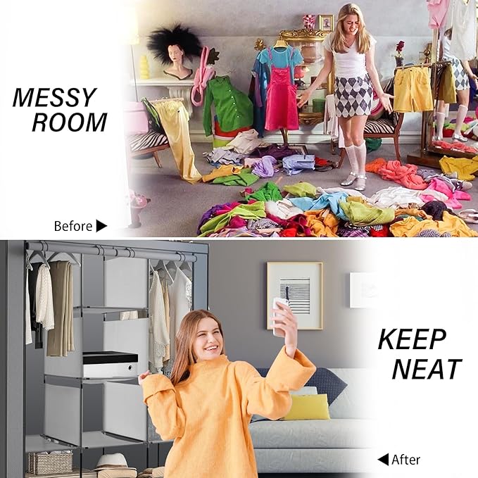 PLKO Portable Closet, Wardrobe Closet Organizer,Portable Clothes Closet Rolling Door Wardrobe with Grey Oxford Fabric Cover for Bedroom, (Grey)