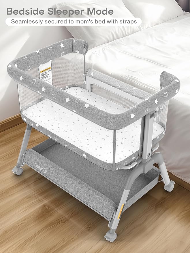 Bassinet Bedside Sleeper, Baby Crib with Mattress and Adjustable Height & Upgraded Wheels, All Mesh Portable Bassinet, Baby Bed for Newborn