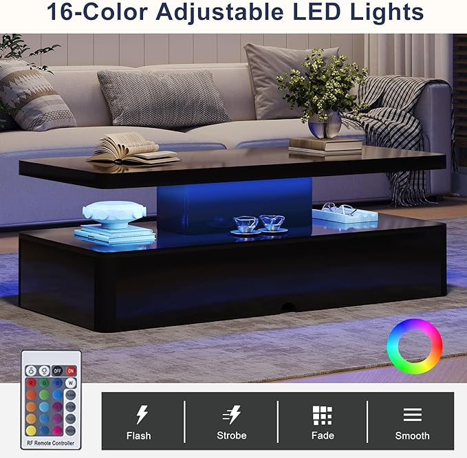 MXV Modern Coffee Table, 47 Inches Coffee Tables with 16 Colors LED Lights, 2 Tier Rectangular Center Table, Large Storage Space, High Glossy Wooden Tea Table for Living Room, Bedroom, Office, Black