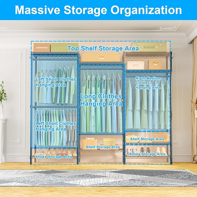 Ulif E13 Heavy Duty Clothes Rack（With 4 Hanger Rods & 8 Shelves） Freestanding Clothing Racks for Hanging Clothes，Adjustable Closet Organizer，Metal Garment Rack 63" W x16 D x77 H，Max Load 900LBS，Black