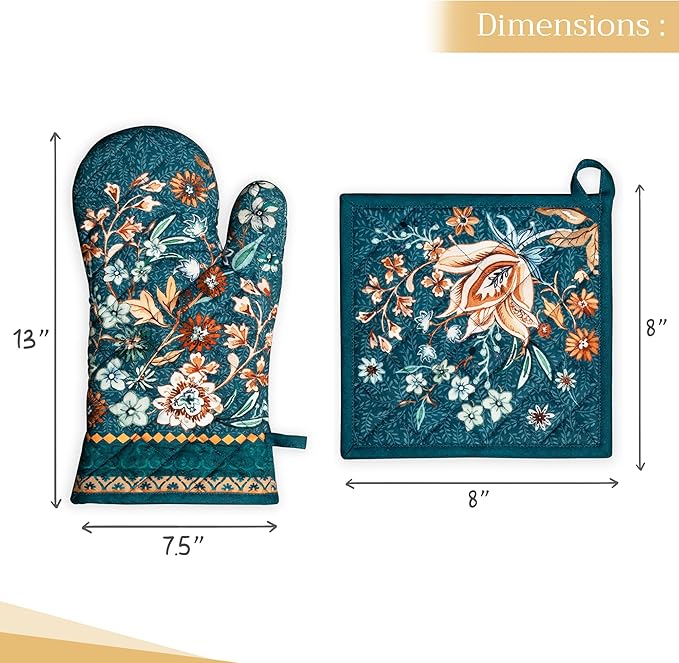 Maison d' Hermine 100% Cotton Oven Mitt & Pot Holder Set (7.5"x13" & 8"x8") Heat Resistant Cooking Gloves with Loop for Thanksgiving Christmas Decorations Handling Hot Pans (Luxury Loft - Dark Teal)