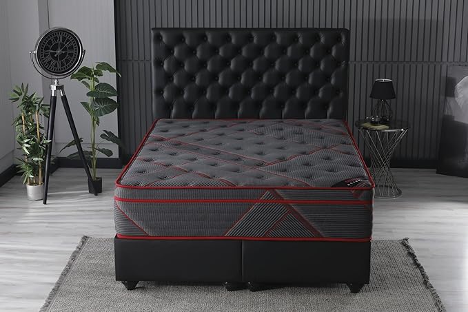 Ottomanson Queen 13" Luxury Black Eurotop Mattress - Medium-Firm Hybrid Comfort - Made in USA - Premium Quilted Cover - Fiberglass-Free - Bed in a Box