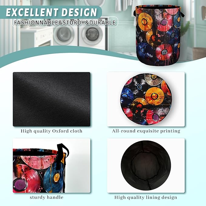 Colorful Music Graffiti Laundry Basket Foldable With Handles Tote Bag Oxford Cloth Funny Laundry Hamper 18.9" x 16.5" Clothes Storage Bucket Toy Organizer For Bathroom/Laundry/Bedroom