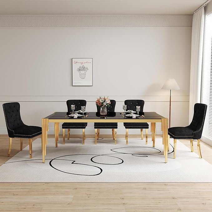 7 Piece Glass Dining Table Set, 78" Large Rectangle Tempered Glass Kitchen Table with 6 Black Velvet Upholstered Chairs, Dining Chairs Set of 6 for Kitchen, Living Room (Black, Gold)