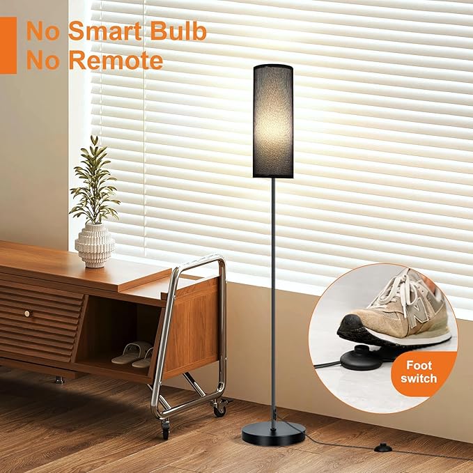 FRIDEKO HOME Floor Lamp with Black Shade, Simple Design with Foot Pedal Switch, Small Tall Lamps for Living Room Bedroom Office, Corner Floor Stand Light with Black Pole Lamp (No Bulb/No Remote)