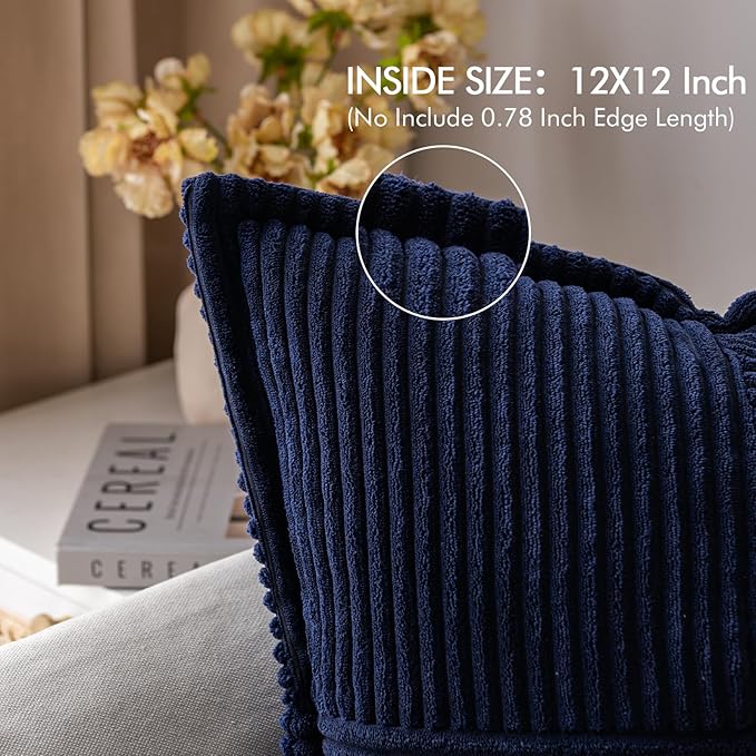 MIULEE Decorative Throw Pillow Covers for Couch Bed Livingroom 12x12 Inch Set of 2 Navy Blue Boho Accent Throw Pllows Broadside Striped Patchwork Soft Corduroy Summer Coastal Pillowcases