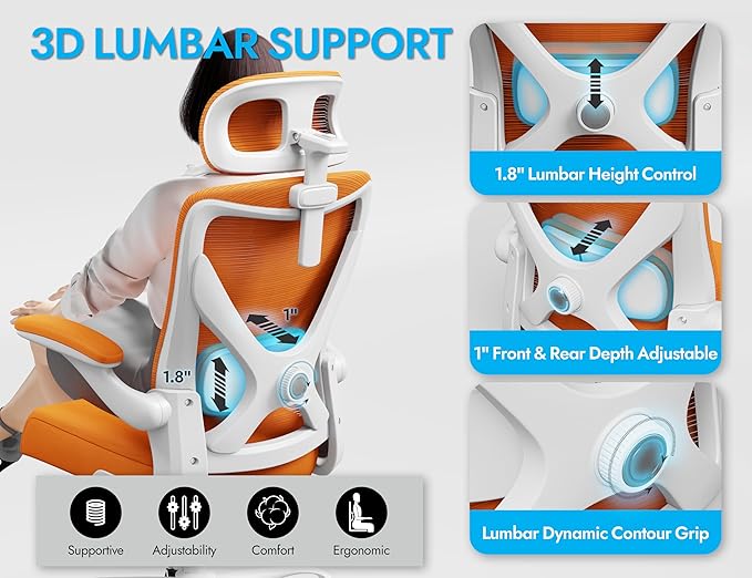 Ergonomic Office Chair - X-Shaped Computer Desk Chair Comfy, Gaming Chair, Office Chair with Lumbar Support, Mesh Office Chairs with Headrests, Desk Chair for Long Hours(White-Orange)