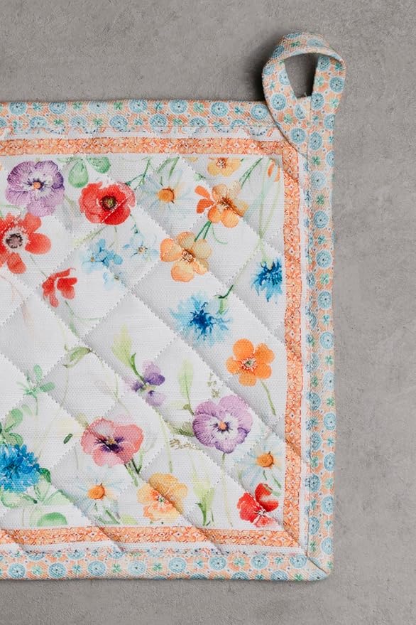 Maison d' Hermine Pot Holders Set 100% Cotton Heat Resistant Potholders 8" x 8" Hot Pads with Loop BBQ, Cooking, Baking, Grilling, Kitchen, Handling Hot Pans Spring/Summer (Pack of 2, Summer Whisper)