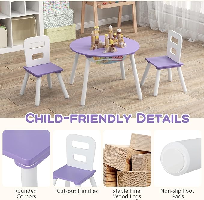 Costzon Kids Table and Chair Set, Wood Activity Table w/Center Mesh Storage, Children Furniture Gift for Boys & Girls, Ideal for Arts, Crafts, Snack Time, Homework, Toddler Table and Chair Set, Purple