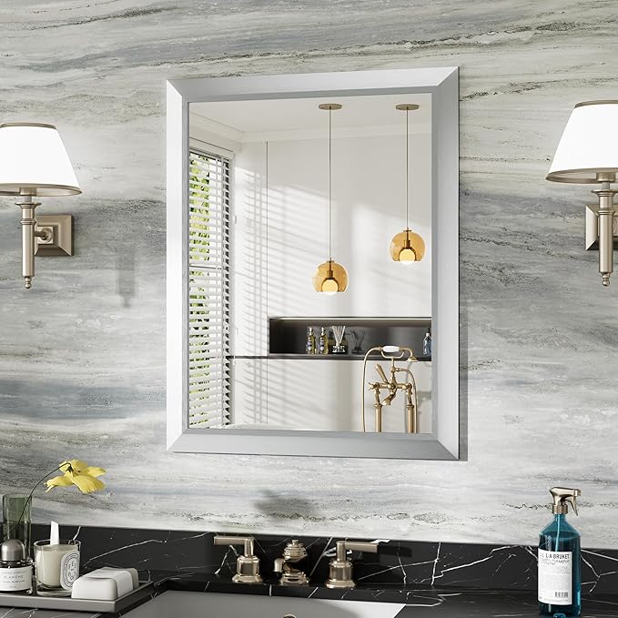 24x30 Inch Silver Bathroom Mirror for Wall, Thick Metal Framed Rectangle Mirrors for Over Sink, Bedroom, Living Room, Entryway, Anti-Rust, HD Tempered Glass