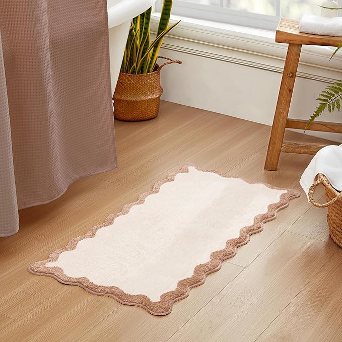MONDAY MOOSE Bath Mat with Scalloped Wavy Ripple Design, Microfiber Absorbent Non Slip Tufted Rug for Floor, Shower or Kitchen (24x47 inch, Beige)