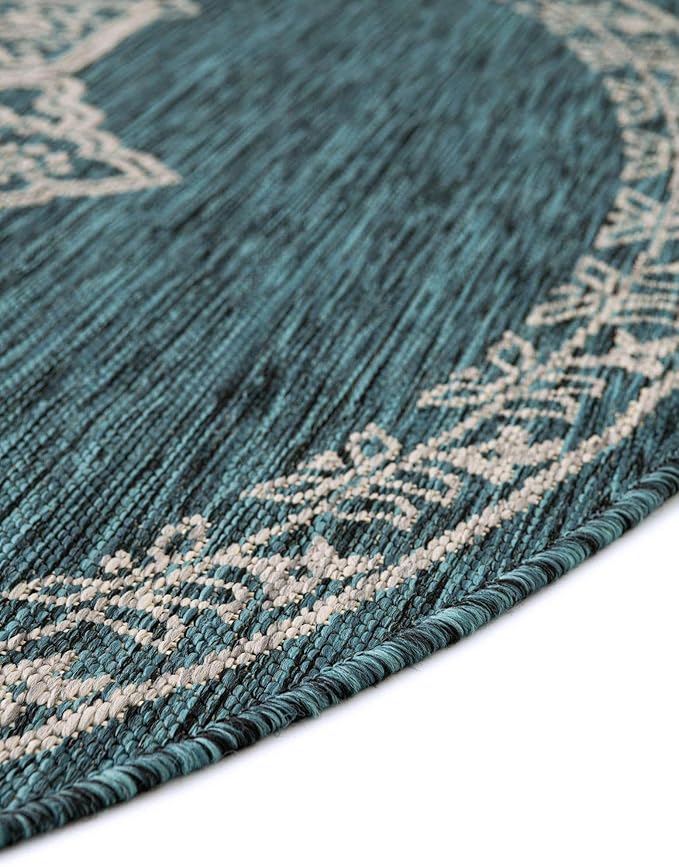 Unique Loom Outdoor Traditional Collection Area Rug - Antique (6' 1" Round Teal/Ivory)