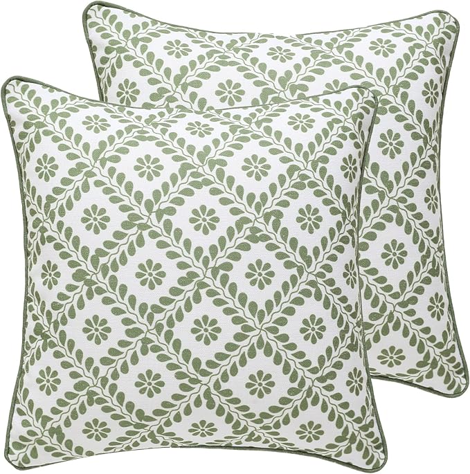 Design Fresh Linen Square Throw Pillow Covers 18"x18" Pack of 2, French White Cottage Cushion Covers with Green Branches Pattern Decoration Pillowcases for Bed,Living Room,Outdoor,Car