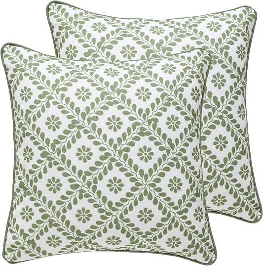 Design Fresh Linen Square Throw Pillow Covers 18"x18" Pack of 2, French White Cottage Cushion Covers with Green Branches Pattern Decoration Pillowcases for Bed,Living Room,Outdoor,Car