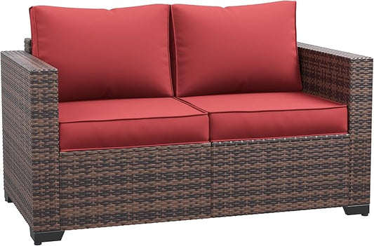 Amopatio Patio Loveseat, Outdoor Furniture 2-Seat Wicker Porch Furniture Outdoor Couch Sofa with Water-Resistant Cover & Non-Slip Cushions, Premium Patio Set,Burgundy