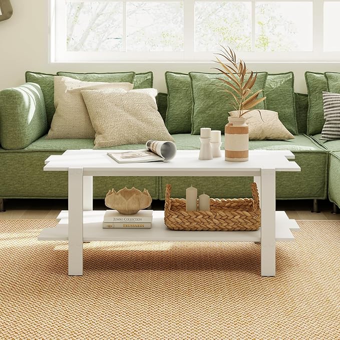 GOFLAME Wood Coffee Table with Storage, 2-Tier Irregular Center Table with Open Storage Shelf, Modern Accent Tea Table for Living Room, Home Office, Reception Room (White)
