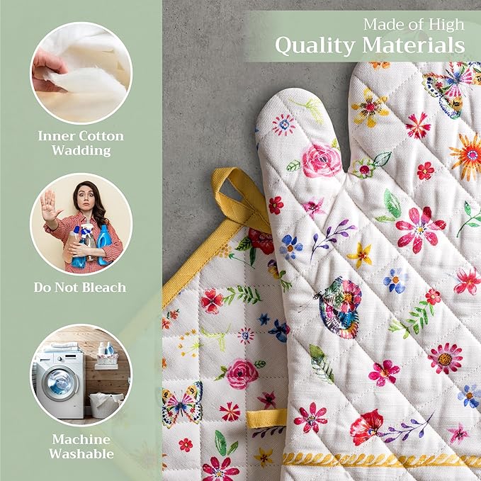 Maison d' Hermine 100% Cotton Oven Mitt & Pot Holder Set (7.5"x13" & 8"x8") Heat Resistant BBQ Cooking Gloves with Loop, Grilling, Kitchen, Handling Hot Pans Spring/Summer (Happy Florals - Sweety)