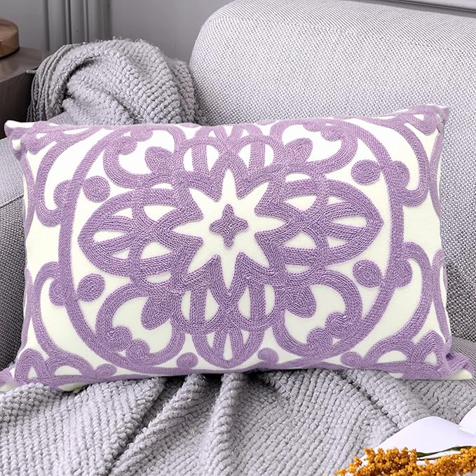 Alysheer Embroidered Lumbar Decorative Throw Pillow Cover 12"x 20", Classic Boho Mandala Embroidery Pattern Cotton Rectangular Cushion Case for Sofa Couch Living Room Bedroom(Lavender)