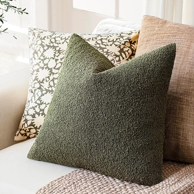 Foindtower Set of 2, Decorative Textured Boucle Throw Pillow Covers Accent Solid Pillow Cases Neutral Soft Cozy Couch Cushion Case for Chair Sofa Bedroom Living Room Home Decor 26x26 Inch Moss Green