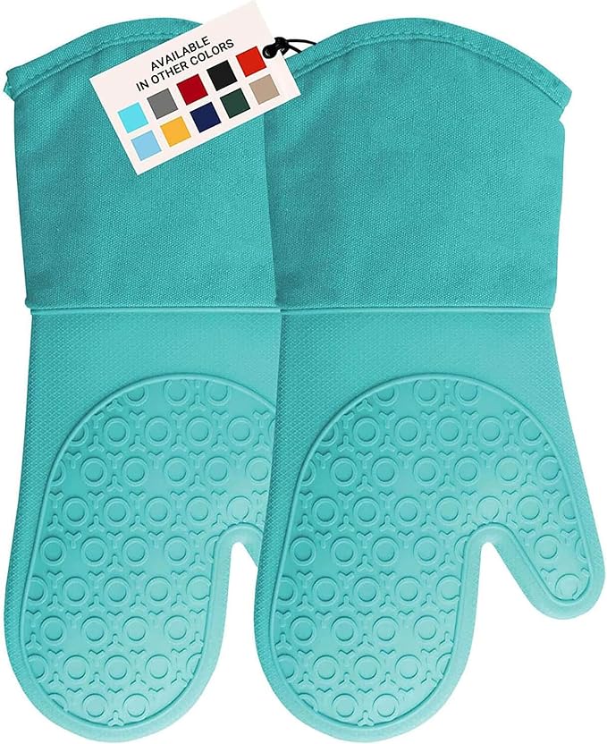 BPA-Free Soft Silicone Oven Mitts - Ultra Heat Resistant Oven Mitts with Thick Cotton Liner - Long Slip Resistant Pot Holders, Flexible Oven Gloves - Turquoise 13.7"