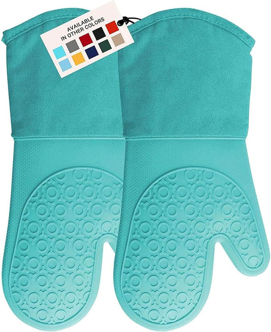 BPA-Free Soft Silicone Oven Mitts - Ultra Heat Resistant Oven Mitts with Thick Cotton Liner - Long Slip Resistant Pot Holders, Flexible Oven Gloves - Turquoise 13.7"