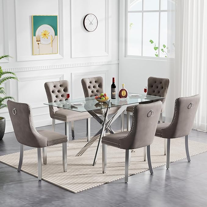 Goujxcy Glass Dining Table Set for 6, Modern Kitchen Table and Chairs Set of 6, 7-Piece Kitchen Dining Room Table Set w/61 Glass Silver Dining Table and 6 Gray Velvet Upholstered Chairs
