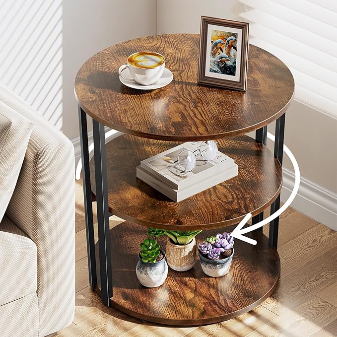 Rotating Round Side Table, 3-Tier End Table with Metal Frame, Nightstand for Small Spaces, Side Table Living Room Bedroom Sofa Bathroom, Vintage Brown