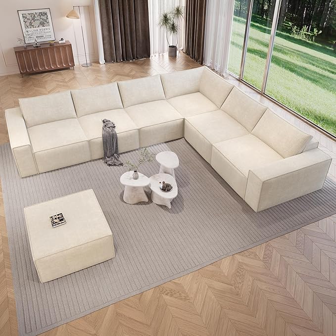 Vesgantti 143.7" Oversized Boneless Modular Couch, Modern 6 Seater Sectional Sofa with Ottoman & Deep Seat, Convertible Chenille Cloud Couches for Living Room, No Assembly Required, Beige
