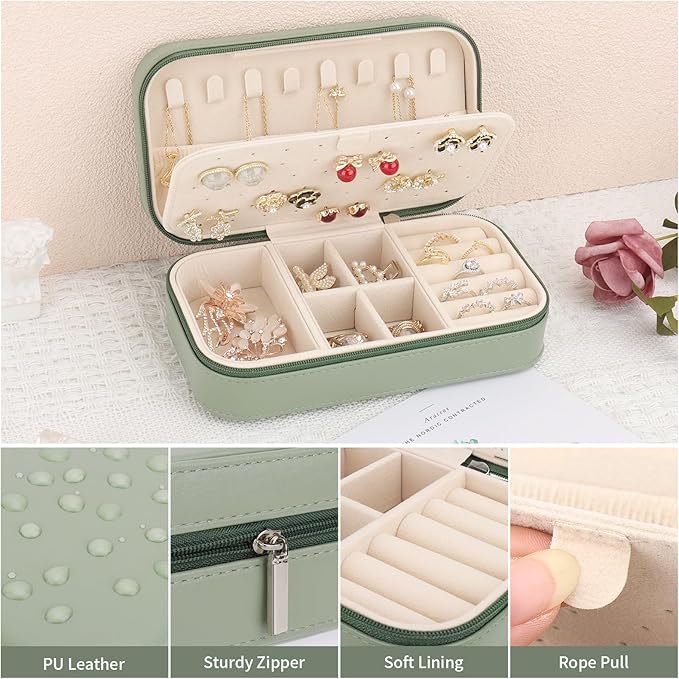 DesignSter Travel Jewelry Box, PU Leather Portable Jewelry Case, Small Jewelry Boxes for Gifts, Travel Jewelry Organizer for Women Rings Earrings Necklaces Bracelets (Avocado Green)