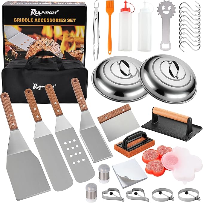 ROMANTICIST 132PC Professional Griddle Accessories Kit - Heavy Duty Stainless Steel Grill Spatula Set for Grill Griddle Hibachi Flat Top Outdoor Cooking - Great Grill Gift on Birthday Wedding