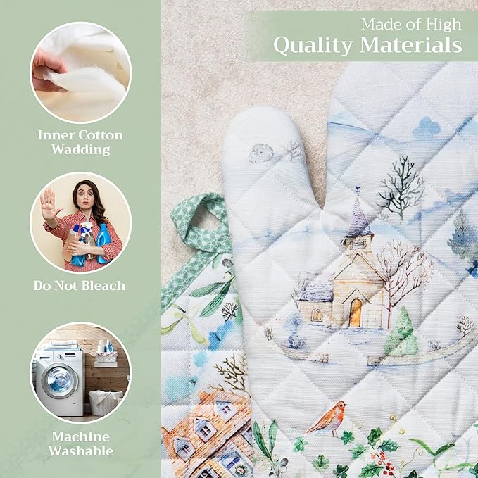 Maison d' Hermine 100% Cotton Oven Mitt & Pot Holder Set (7.5"x13" & 8"x8") Heat Resistant BBQ Cooking Gloves with Loop for Thanksgiving Christmas Decorations Handling Hot Pans (Snowy World)