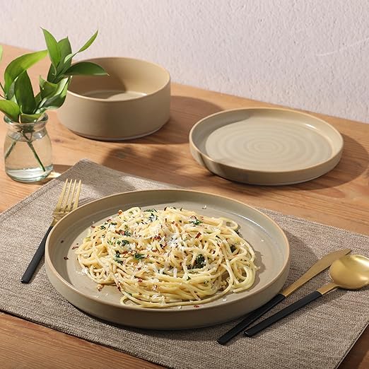 Gibson Elite Echo Bay 12 Piece Porcelain Reactive Glaze (Service for 4) Ceramic Plates and Bowls Modern Stackable Dinnerware Set - Green