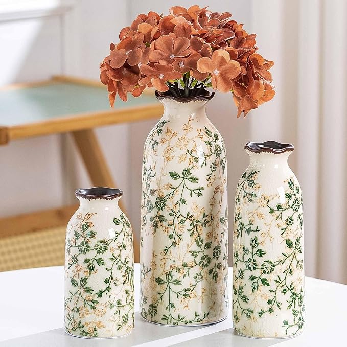 Ceramic Vase Set of 3, Vintage Green and Beige Vases Set, Flower Rustic Chinoiserie Vases Floral Grand Millennial Farmhouse Decor Vase for Home Decor, Living Room, Kitchen, Bedroom, Bookshelf
