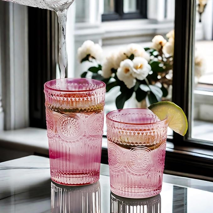 12pcs Vintage Drinking Glasses Set, 12 oz Highball Glasses & 9 oz Embossed Ribbed Glassware Cups for Cocktail, Water, Juice, Coffee, Whiskey (Pink)