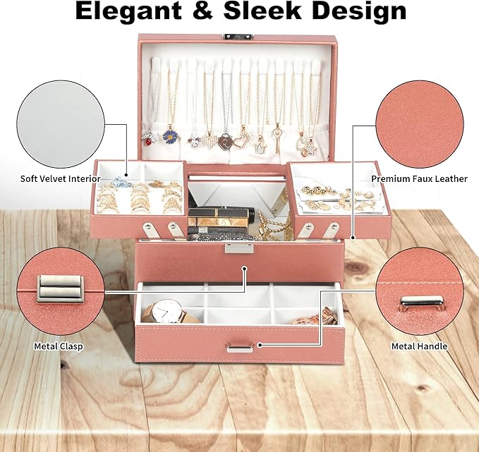 Dajasan Jewelry Organizer Box, Jewelry Box Organizer for Women Girls, 3 Layers Large Jewelry Storage Case for Earring, Rings, Necklaces Bracelets, Watch (Rose Gold)