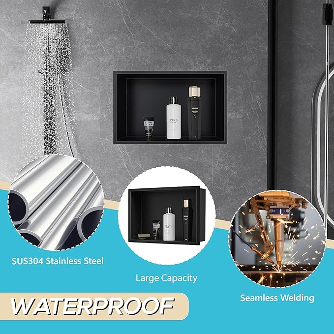 Stainless Steel Shower Niche 18" X 12", No Tile Needed Wall Niche, Recessed Shower Shelf for Bathroom Storage, Matte Black