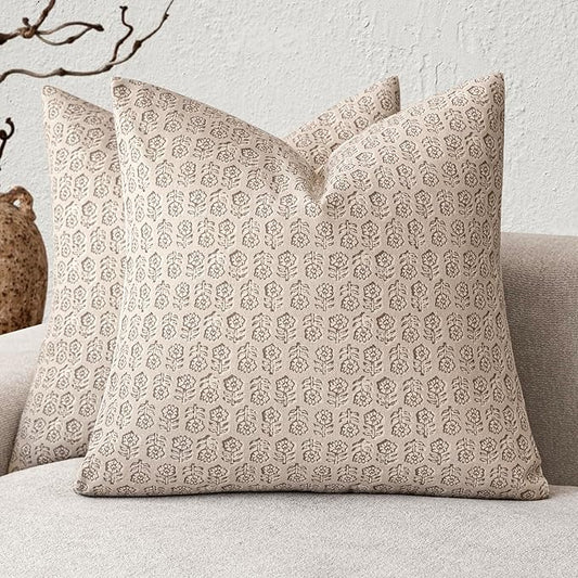 Foindtower Set of 2 Decorative Neutral Floral Print Throw Pillow Covers Vintage Accent Farmhouse Cushion Covers Boho Home Decor for Sofa Chair Couch Bedroom Living Room Outdoor,18×18 Inch,Ivory Beige