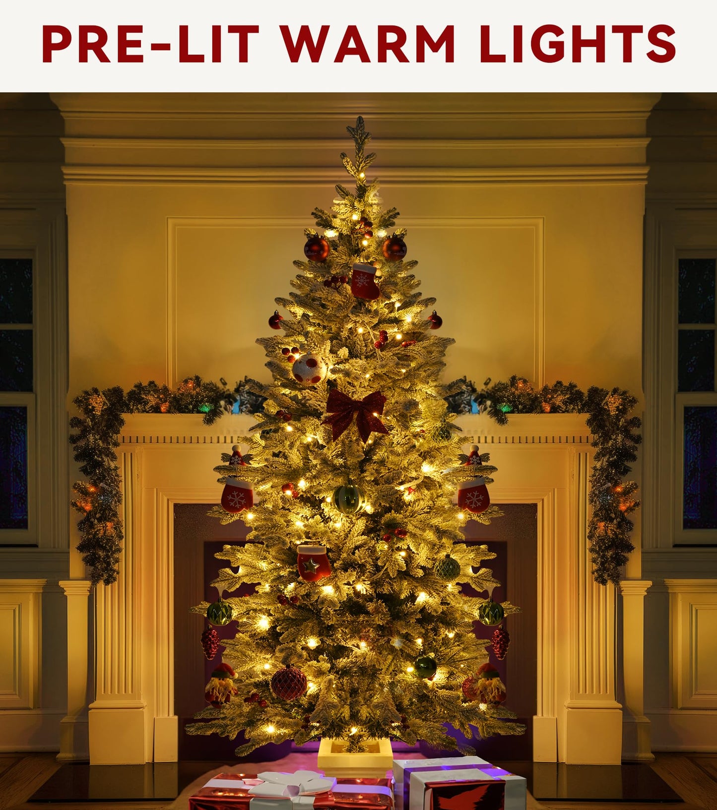 DWVO 4.5 FT Potted Slim Pre-lit Flocked Arctic Fir Pencil Tree, Potted Christmas Tree with 11 Red Hollies, 358 PE & PVC Branch Tips, and 100 Lights for Home and Office Decor