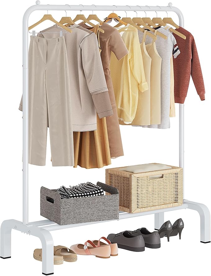 JIUYOTREE Standard Clothes Clothing Garment Rack with Storage Shelves Clothes Organizer for Hanging Clothes Coat Jacket Shirt Sweater Jeans White