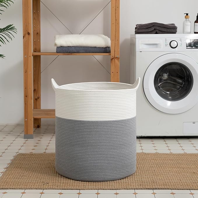 Laundry Basket, 100L Large Laundry Hamper, Tall Woven Rope Storage Basket for Blanket Toys Pillows Towels, Baby Nursery Hamper Bin for Living Room, Bedroom (Grey & White)