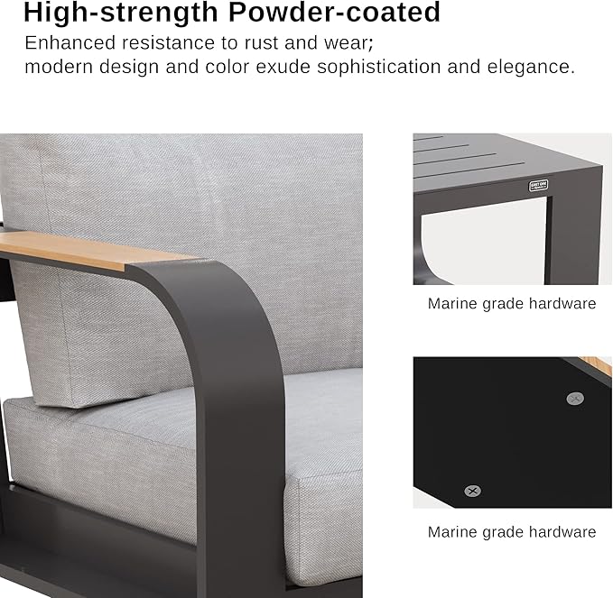 EAST OAK 4-Piece Patio Furniture Set, Modern Outdoor Conversation Set with Aluminum Frame, Deep Seating Loveseat & Coffee Table, All-Weather Patio Sofa Set for Porch, Balcony, Backyard - Dark Grey