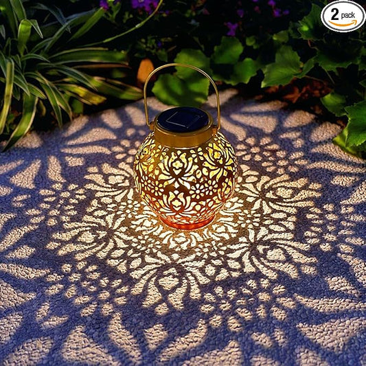 Outdoor Solar Hanging Lantern Lights Metal LED Decorative Lamp for Garden Patio Courtyard Lawn and Table with Hollowed-Out Design (Sunset Blaze)