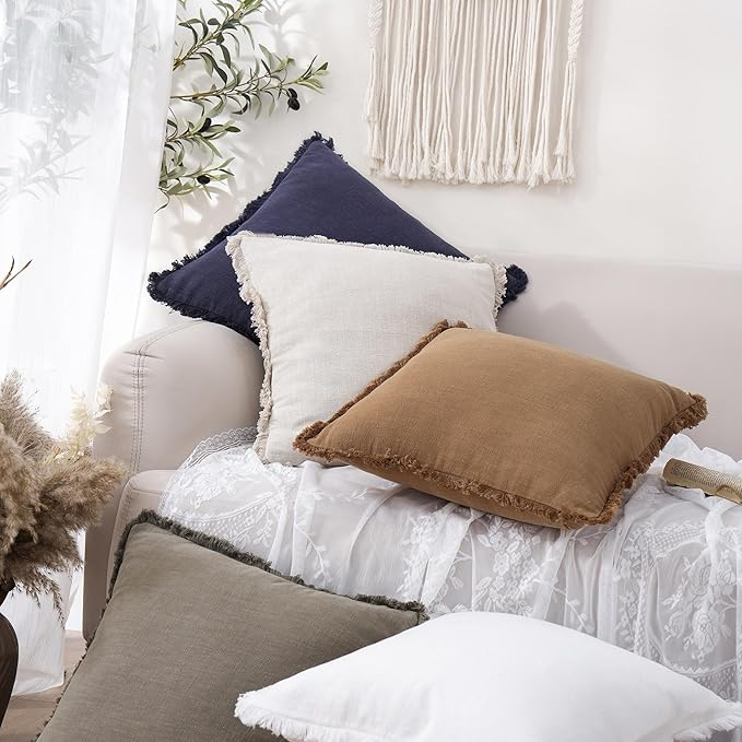 Foindtower Set of 2 Decorative Linen Fringe Throw Pillow Covers Cozy Boho Farmhouse Cushion Cover with Tassels Soft Accent Pillowcase for Couch Sofa Bed Living Room Home Decor, 16×16 Inch, Khaki Brown