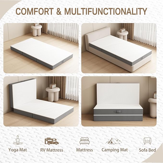 Tri-Fold Memory Foam Mattress, 6 inch Single Folding with Washable Covers, Reversible Design, Foldable Topper for Travel&Guests, 75"×25"×6"