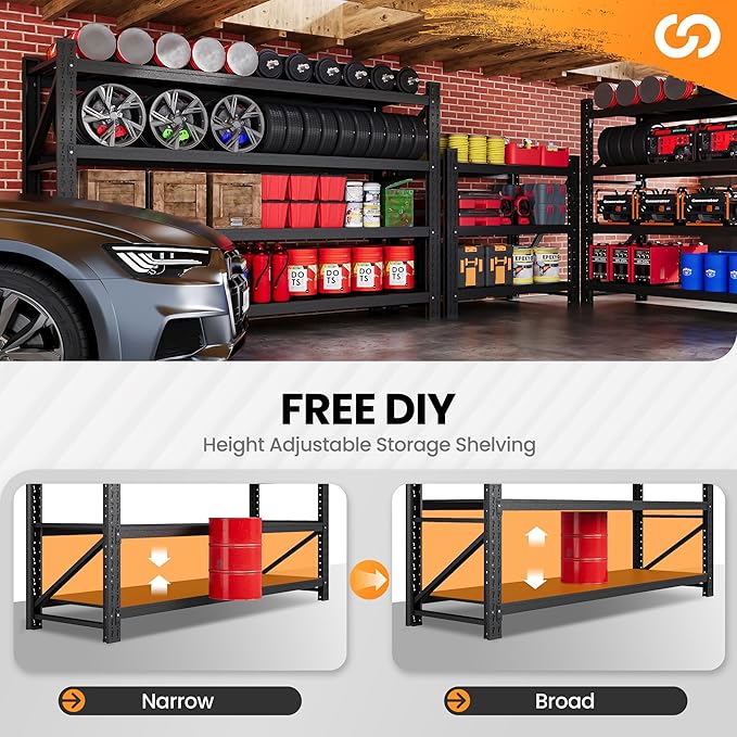 75” W Heavy Duty Metal Shelf, 8000LBS Metal Garage Shelving Units, 4 Tier Storage rack shelves, Steel Industrial Shelving , Adjustable Standing Shelf for Basement/Warehouse 75"W x 24"D x 70"H, Black