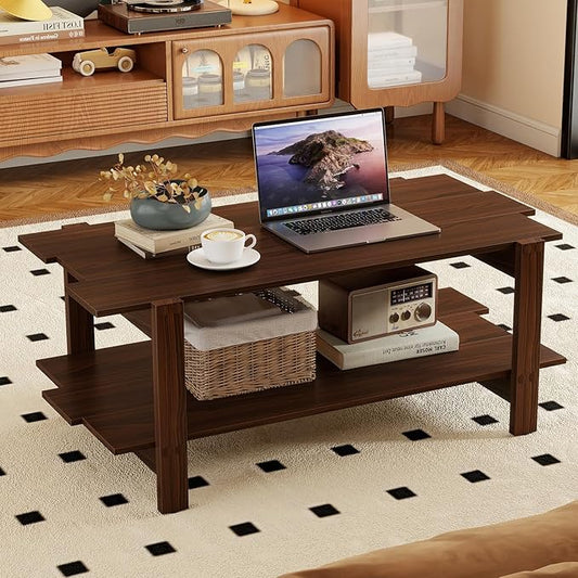 GOFLAME Wood Coffee Table with Storage, 2-Tier Irregular Center Table with Open Storage Shelf, Modern Accent Tea Table for Living Room, Home Office, Reception Room (Walnut)