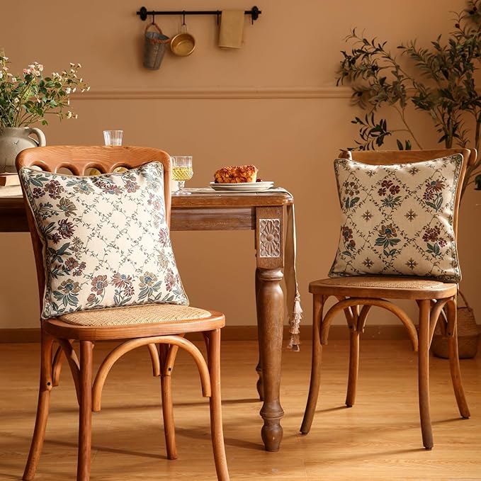 patdrea Designer Throw Pillow Covers Set of 2,Square Euro Retro Style Light Brown Linen with Floral Pattern Pillow Cover,Decorative Pillowcases Cushion for Bed Living Room Outdoor Car,18"x18"