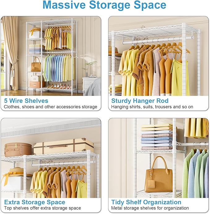 Ulif F2 Clothes Rack, 5 Tiers Heavy Duty Garment Rack for Bedroom, Freestanding Adjustable Closet Storage Organizer, 45" W x 14.5" D x 78.3" H, Load 630lbs, White